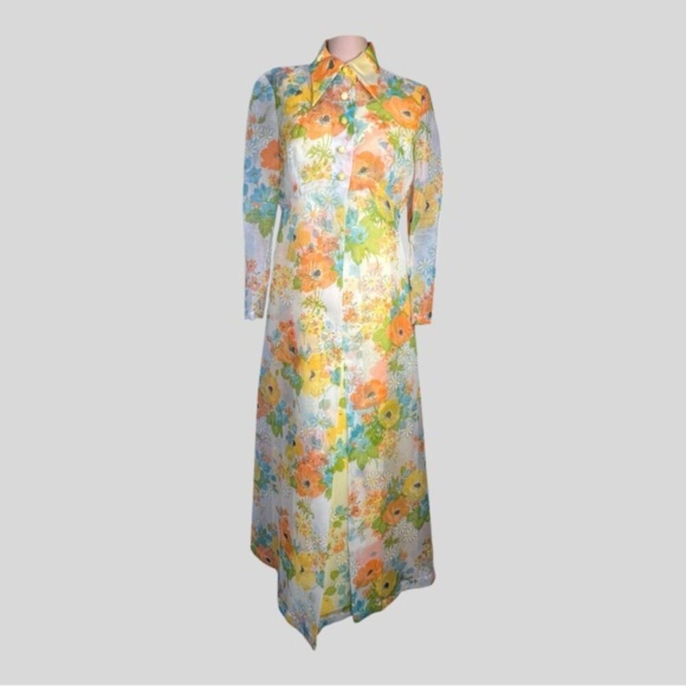 Vintage 70s Sleeveless Floral Maxi Dress with Matching Sheer Overlay